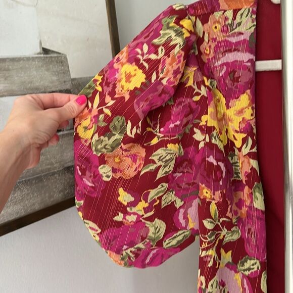 Revolve LPA Ada Puff Sleeve Pink Floral Wrap Crop Blouse - Picture 10 of 14